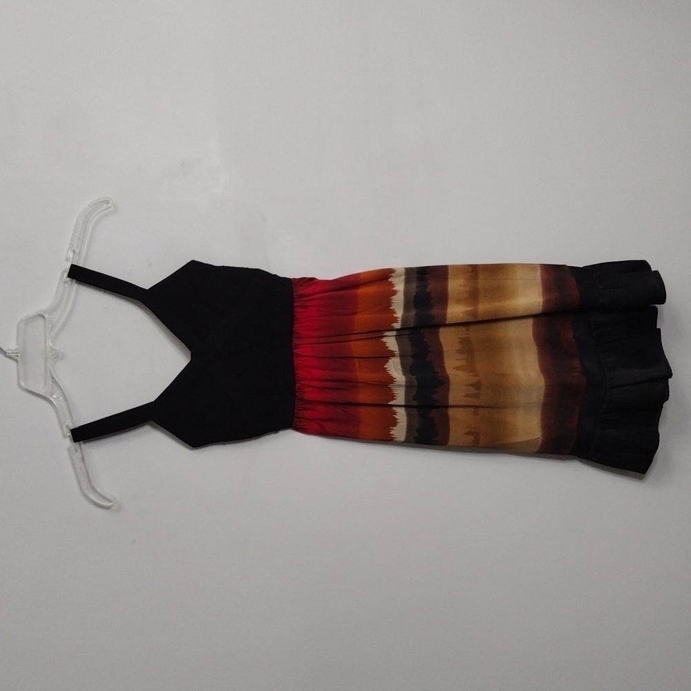EUC Bebe Babydoll Dress sz XS Black Orange Rust Brown Fall Colors Watercolor